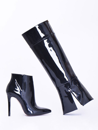 Stivali alti al ginocchio neri Stivale al ginocchio ripiegabile con tacco alto in pelle verniciata a punta