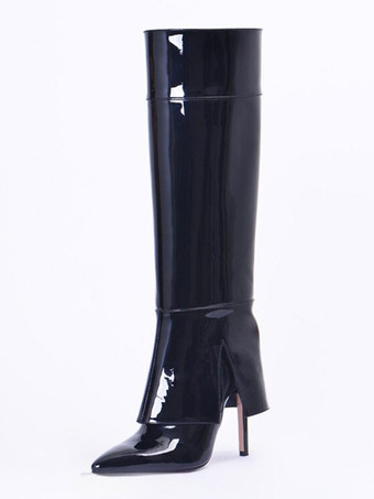 Nero Stivali alti al ginocchio neri Stivale al ginocchio ripiegabile con tacco alto in pelle verniciata a punta