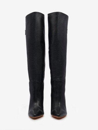 Schwarze kniehohe Stiefel mit spitzer Zehenpartie und knielangen Keilstiefeln mit Metalldetail