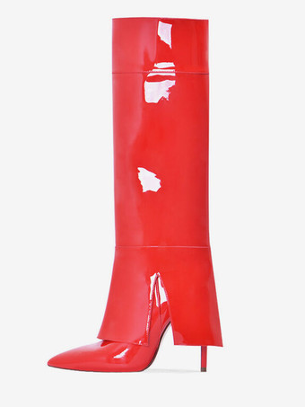 Rosso Stivali alti al ginocchio neri Stivale al ginocchio ripiegabile con tacco alto in pelle verniciata a punta