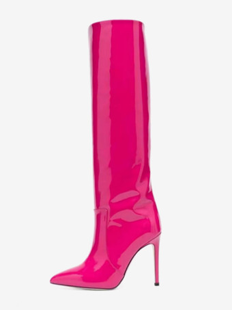 ローズレッドハイヒールブーツ女性ポインテッドトゥニーハイブーツ