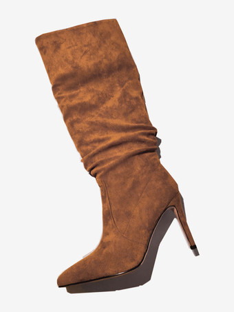 スエード スラウチ ブーツ ブラウン ポインテッドトゥ スティレットヒール ミッドカーフ ブーツ