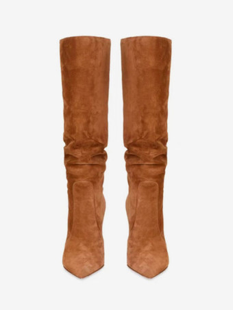 スエード スラウチ ブーツ ブラウン ポインテッドトゥ スティレットヒール ミッドカーフ ブーツ