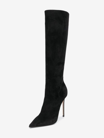 Schwarze kniehohe Stiefel für Damen aus Wildleder mit spitzer Zehenpartie und hohem Absatz