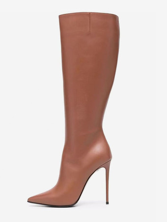 ブラウン 赤いニーハイブーツ 尖ったつま先 スティレットヒール ニーブーツ