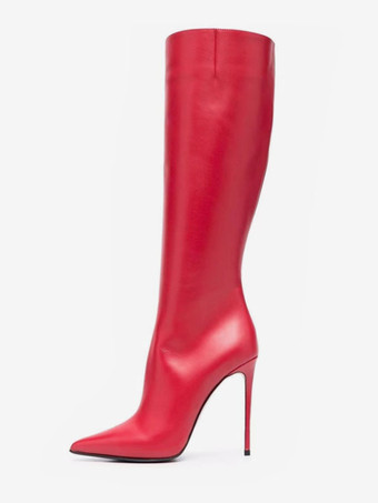 Red Knee High Boots Pointed Toe Stiletto Heel Knee Boots