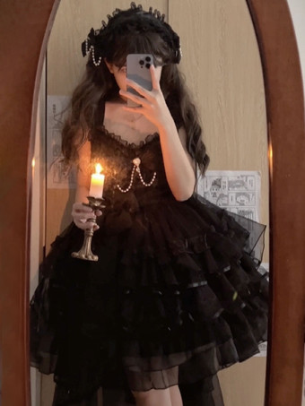 ブラック ゴスロリ ドレス レース レース リボン フリル ノースリーブ 可愛い ロリータドレス 女性