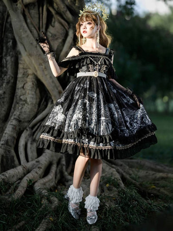   Abiti Lolita gotici Abito con bretelle JSK nero scuro con volant in pizzo
