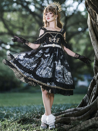   Abiti Lolita gotici Abito con bretelle JSK nero scuro con volant in pizzo