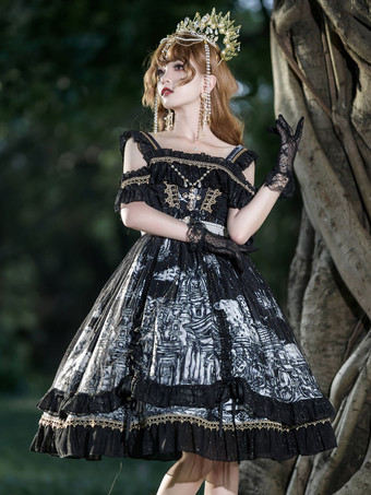   Abiti Lolita gotici Abito con bretelle JSK nero scuro con volant in pizzo