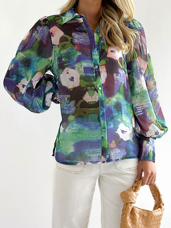 花柄シャツ パープル ターンダウンカラー カジュアル 長袖 トップス