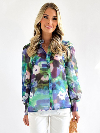 花柄シャツ パープル ターンダウンカラー カジュアル 長袖 トップス