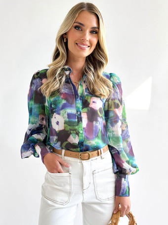 グリーン 花柄シャツ パープル ターンダウンカラー カジュアル 長袖 トップス