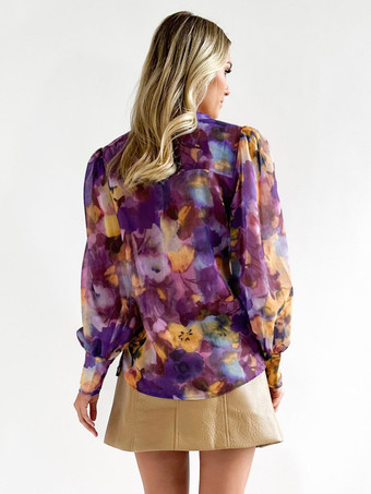 花柄シャツ パープル ターンダウンカラー カジュアル 長袖 トップス