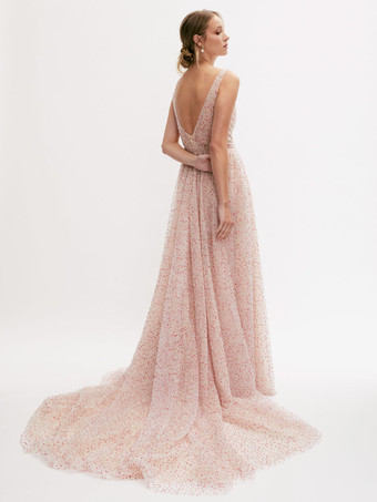 プロムドレス スパンコール Vネック Aライン ノースリーブ パーティードレス