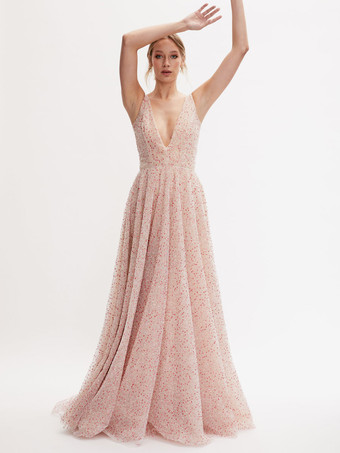 プロムドレス スパンコール Vネック Aライン ノースリーブ パーティードレス