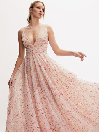 プロムドレス スパンコール Vネック Aライン ノースリーブ パーティードレス