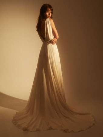 シンプルなウェディングドレス シフォン Vネック ノースリーブ プリーツ Aライン ブライダルドレス 無料カスタマイズ