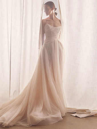 Lace Wedding Dress Court Train A-Line Sleeveless Tulle Strapless Bridal Dresses Free Customization