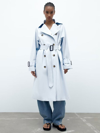 Trench Coat Baby Blue Turndown Collar Long Sleeves Outerwear