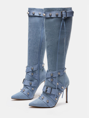 Light Sky BluePU Leather Metal Details Pointed Toe Cone Heel Mid Calf Boots For Women