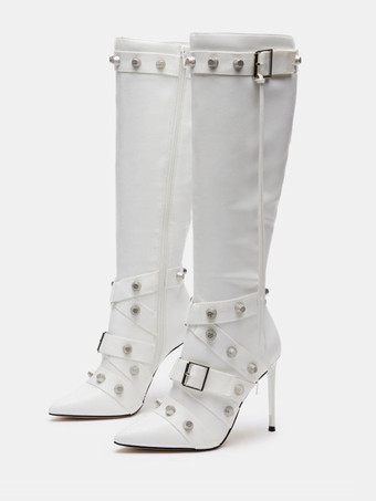 White PU Leather Metal Details Pointed Toe Cone Heel Mid Calf Boots For Women