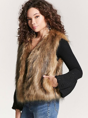 フェイクファーコート コーヒーブラウン ノースリーブ フェイクファージャケット 環境に優しいファーコート