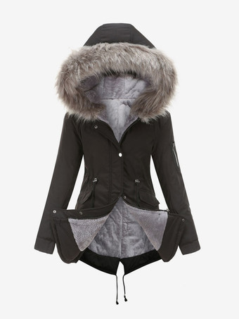 ブラック 冬コート ピンク ミディアム 巾着 フード付き フロント ボタン 長袖 ツートン カジュアル 冬コート アウター