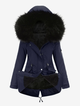 ダークネイビー冬コート ピンク ミディアム 巾着 フード付き フロント ボタン 長袖 ツートン カジュアル 冬コート アウター