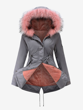 グレイ冬コート ピンク ミディアム 巾着 フード付き フロント ボタン 長袖 ツートン カジュアル 冬コート アウター