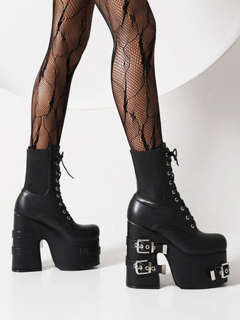 女性のメタルディテールPUレザーラウンドトゥヒールレスアンクルブーツ