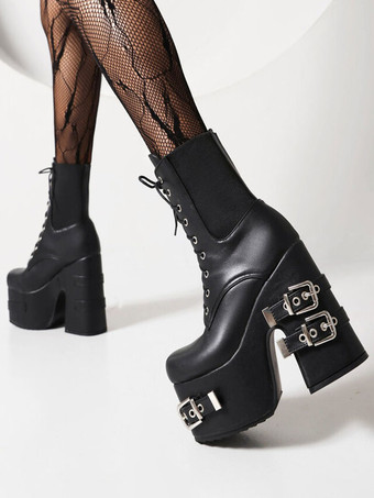 女性のメタルディテールPUレザーラウンドトゥヒールレスアンクルブーツ