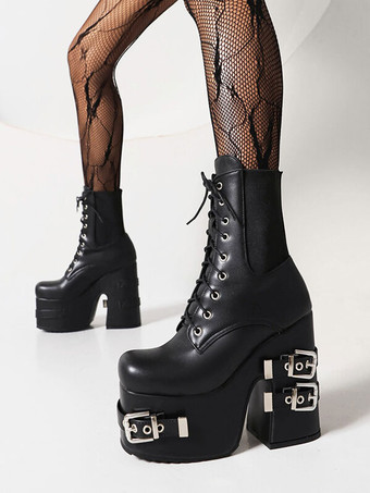 女性のメタルディテールPUレザーラウンドトゥヒールレスアンクルブーツ