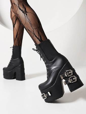 ブラック 女性のメタルディテールPUレザーラウンドトゥヒールレスアンクルブーツ