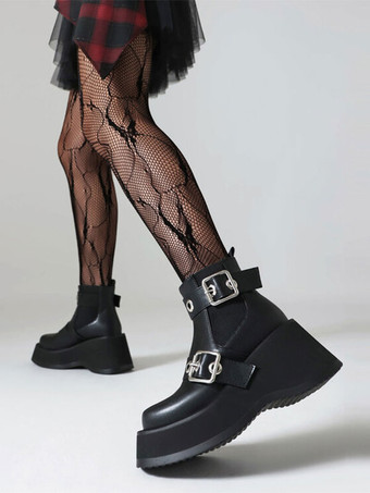 レディース ブラック ブーティ ラウンドトゥ フラットフォーム アンクル ブーツ