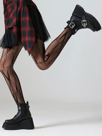 レディース ブラック ブーティ ラウンドトゥ フラットフォーム アンクル ブーツ