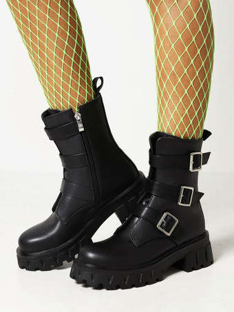 レディース メタルディテール ラウンドトゥ チャンキーヒール ブーティ