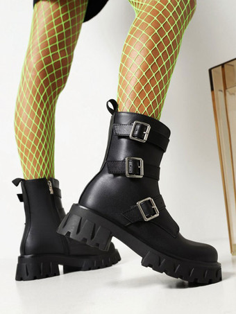 レディース メタルディテール ラウンドトゥ チャンキーヒール ブーティ