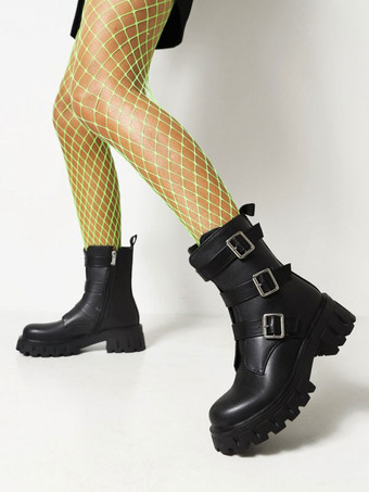 ブラック レディース メタルディテール ラウンドトゥ チャンキーヒール ブーティ