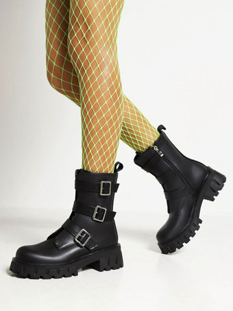 レディース メタルディテール ラウンドトゥ チャンキーヒール ブーティ