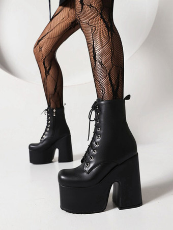 ブラック レディース レースアップ ブーティ ラウンドトゥ チャンキーヒール アンクルブーツ