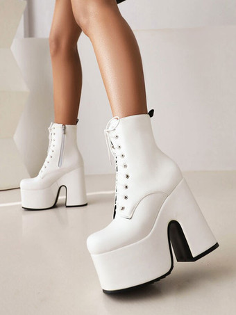 ホワイト レディース レースアップ ブーティ ラウンドトゥ チャンキーヒール アンクルブーツ