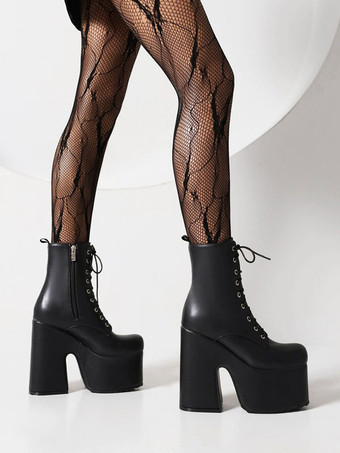 レディース レースアップ ブーティ ラウンドトゥ チャンキーヒール アンクルブーツ