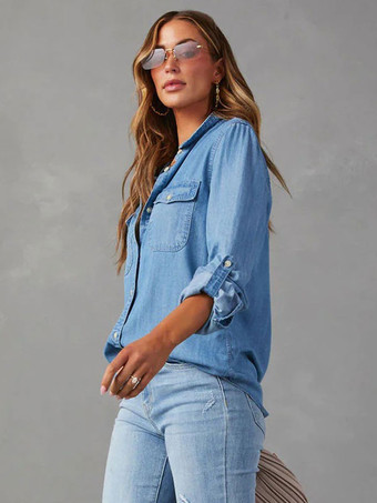 女性用デニムブラウス ターンダウンカラー フラップポケット デイリートップス