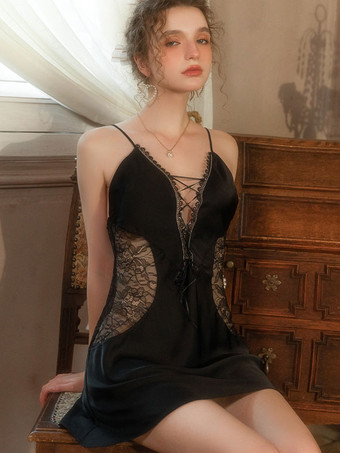 女性のためのシュミーズ ブラック シルクのようなレースの薄手のランジェリー