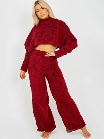 ワインレッド ソリッドカラー ラウンジ セット クロップド トップとワイドレッグ 2 点セット