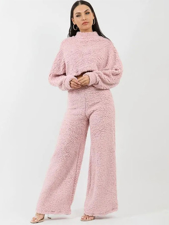 ピンク ソリッドカラー ラウンジ セット クロップド トップとワイドレッグ 2 点セット