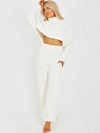 ホワイト ソリッドカラー ラウンジ セット クロップド トップとワイドレッグ 2 点セット