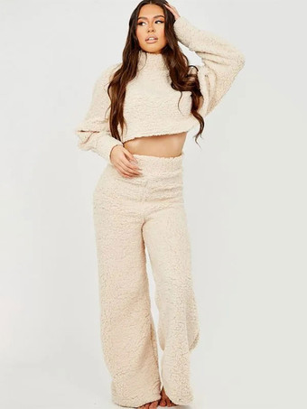 アプリコットソリッドカラー ラウンジ セット クロップド トップとワイドレッグ 2 点セット