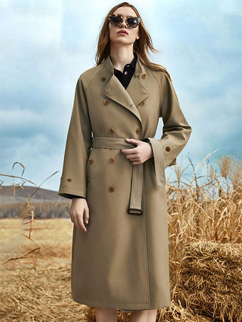 Women's Trench Coat Turndown Collar Long Sleeves Buttons Sash Outerwear